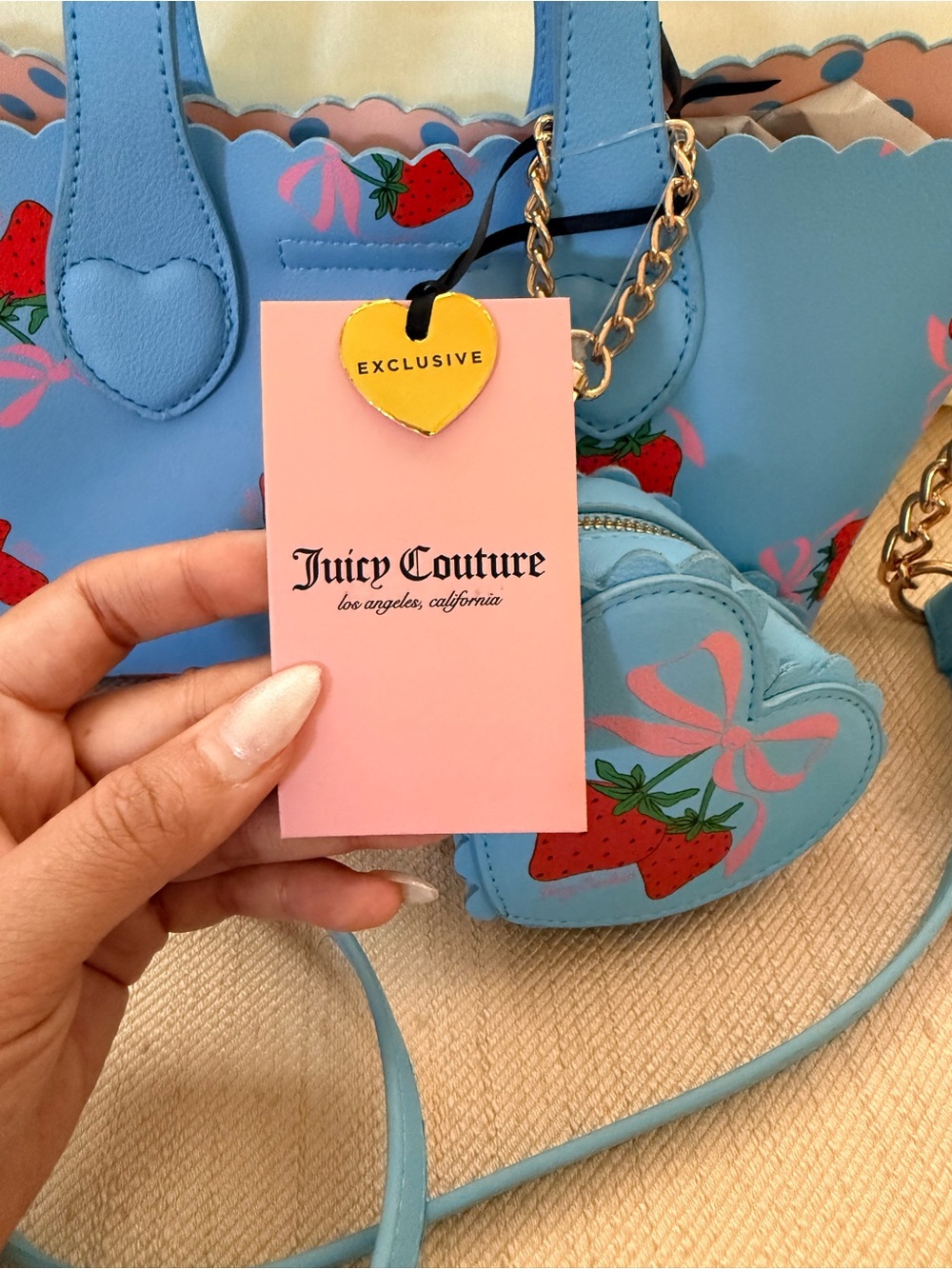 NWT Juicy Couture Sweet Strawberry Mini Tote Bag - Blue Gleam Multi - Picture 3 of 5